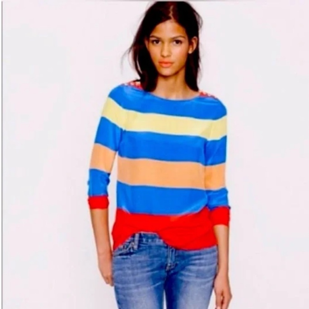 J. Crew Women's nautical Striped 100% silk blouse blue red yellow orange size 4